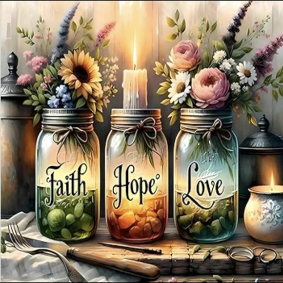 None Other - Faith Hope Love Candle Flowers Mason Jars 5D Diamond Painting Kit New